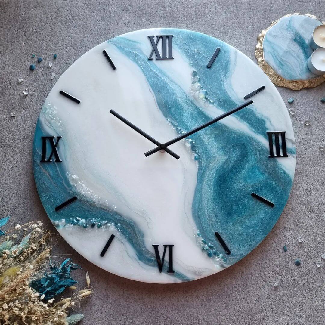 White and Blue Abstract Epoxy Resin Wall Clock For Home Decor-0