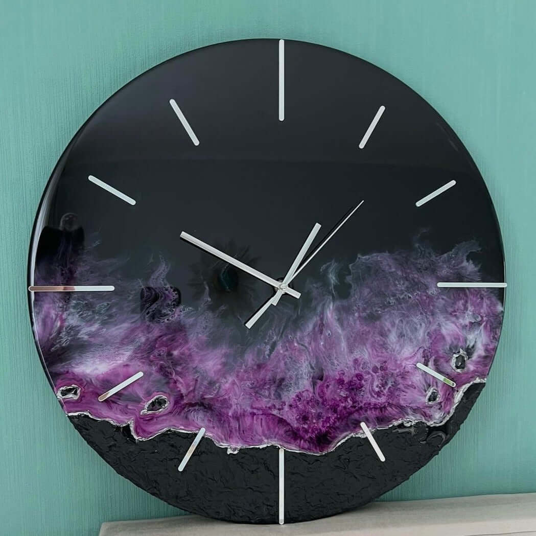 Black and Purple Abstract Epoxy Resin Wall Clock For Home Decor-0