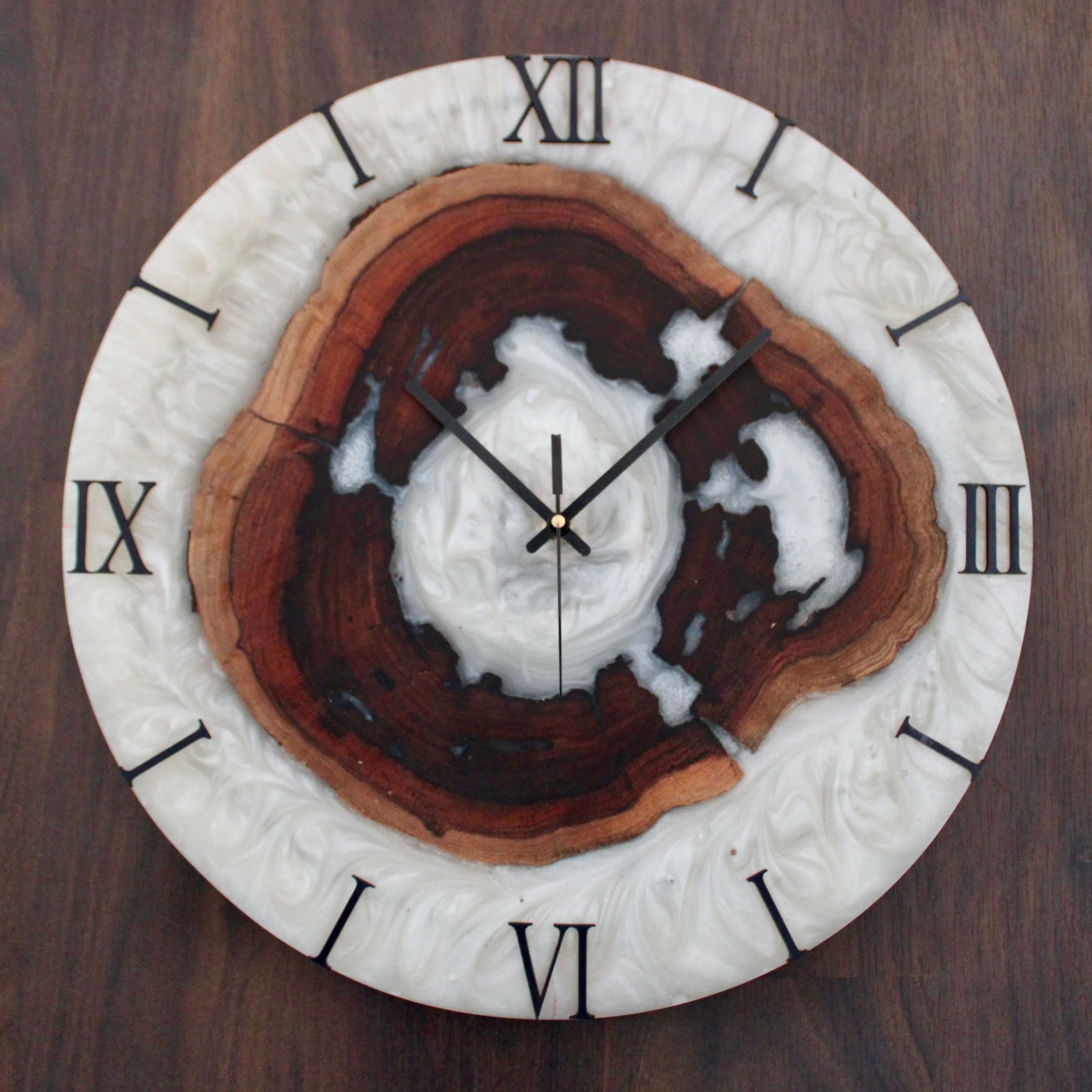 White and Wooden Abstract Epoxy Resin Wall Clock For Home Decor-0