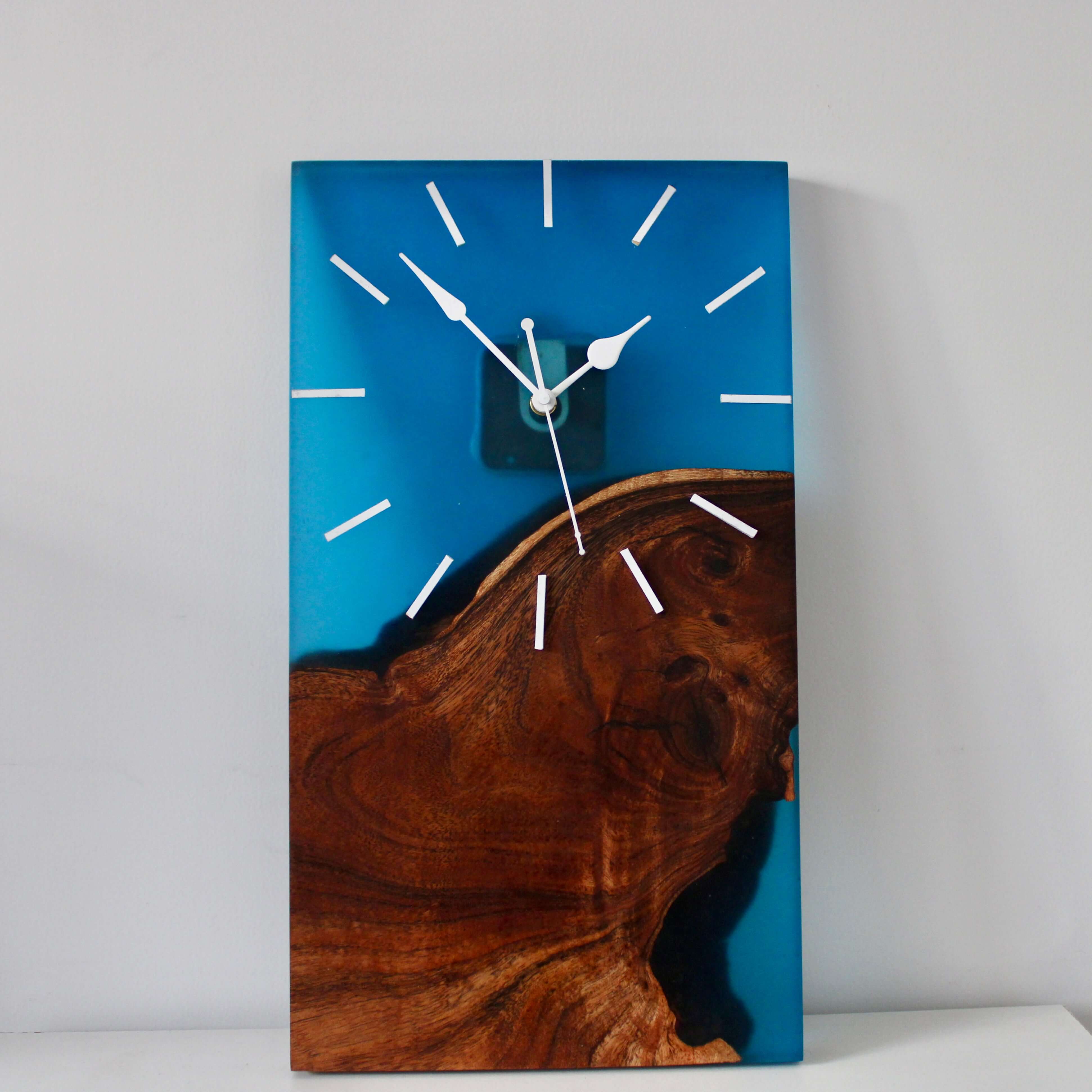Blue and Wooden Rectangle Abstract Epoxy Resin Wall Clock For Home Decor-0