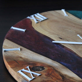 Red Blue and Wooden Abstract Epoxy Resin Wall Clock For Home Decor-2