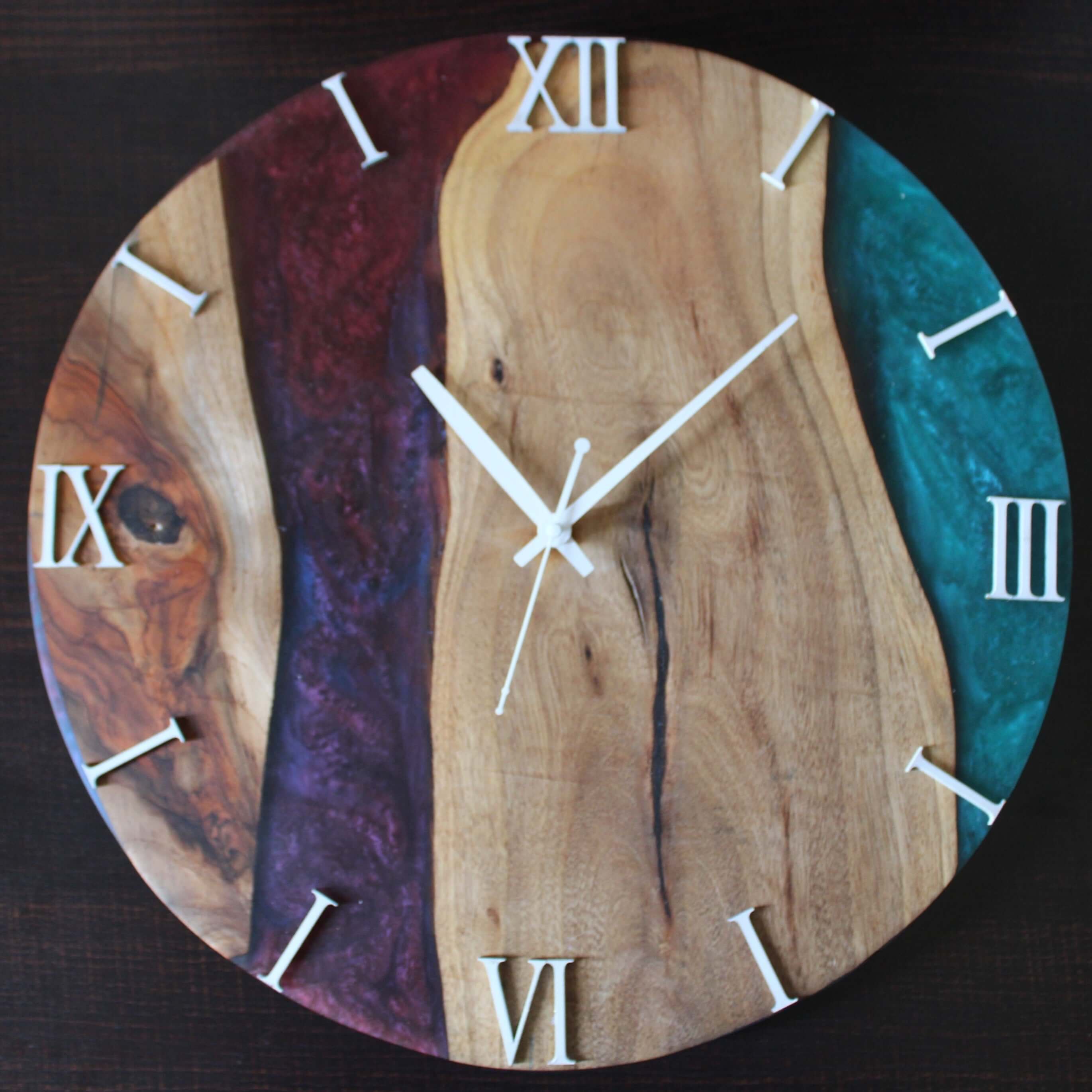 Red Blue and Wooden Abstract Epoxy Resin Wall Clock For Home Decor-0