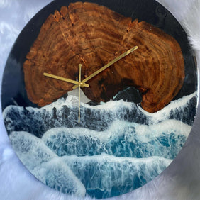 Black Ocean and Wooden Abstract Epoxy Resin Wall Clock For Home Decor-3