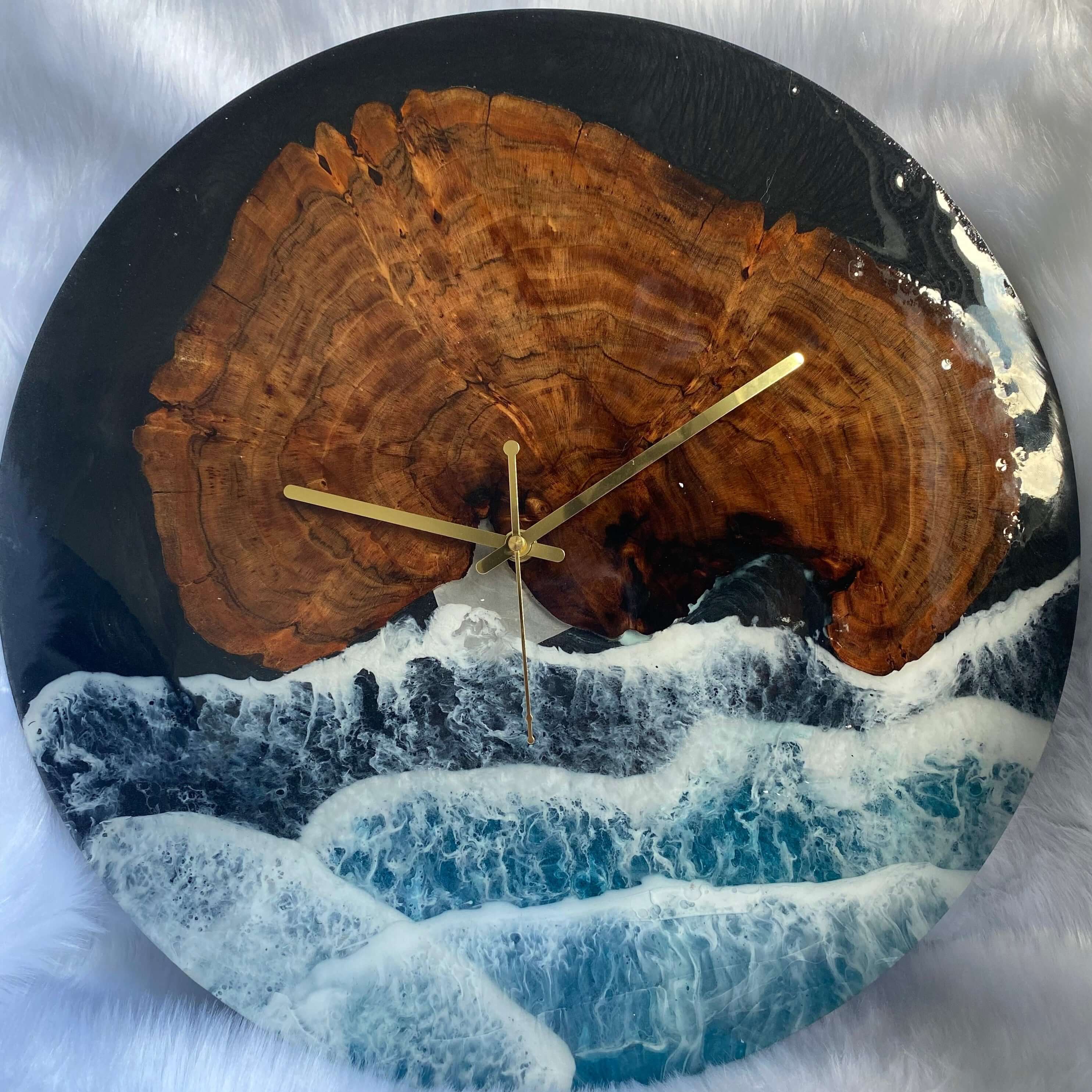 Black Ocean and Wooden Abstract Epoxy Resin Wall Clock For Home Decor-0