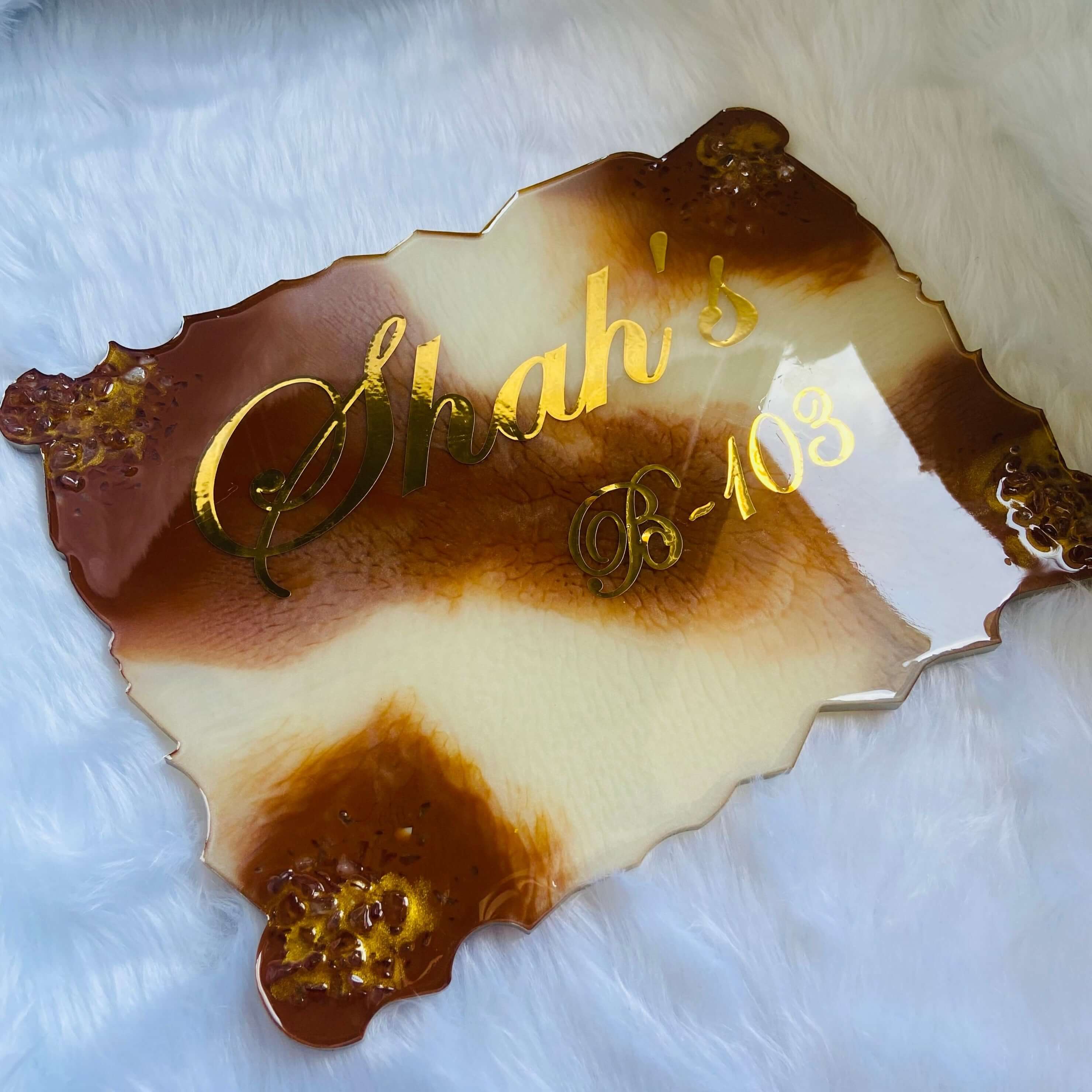 Brown and Pearl White Customized Resin Name Plate-0