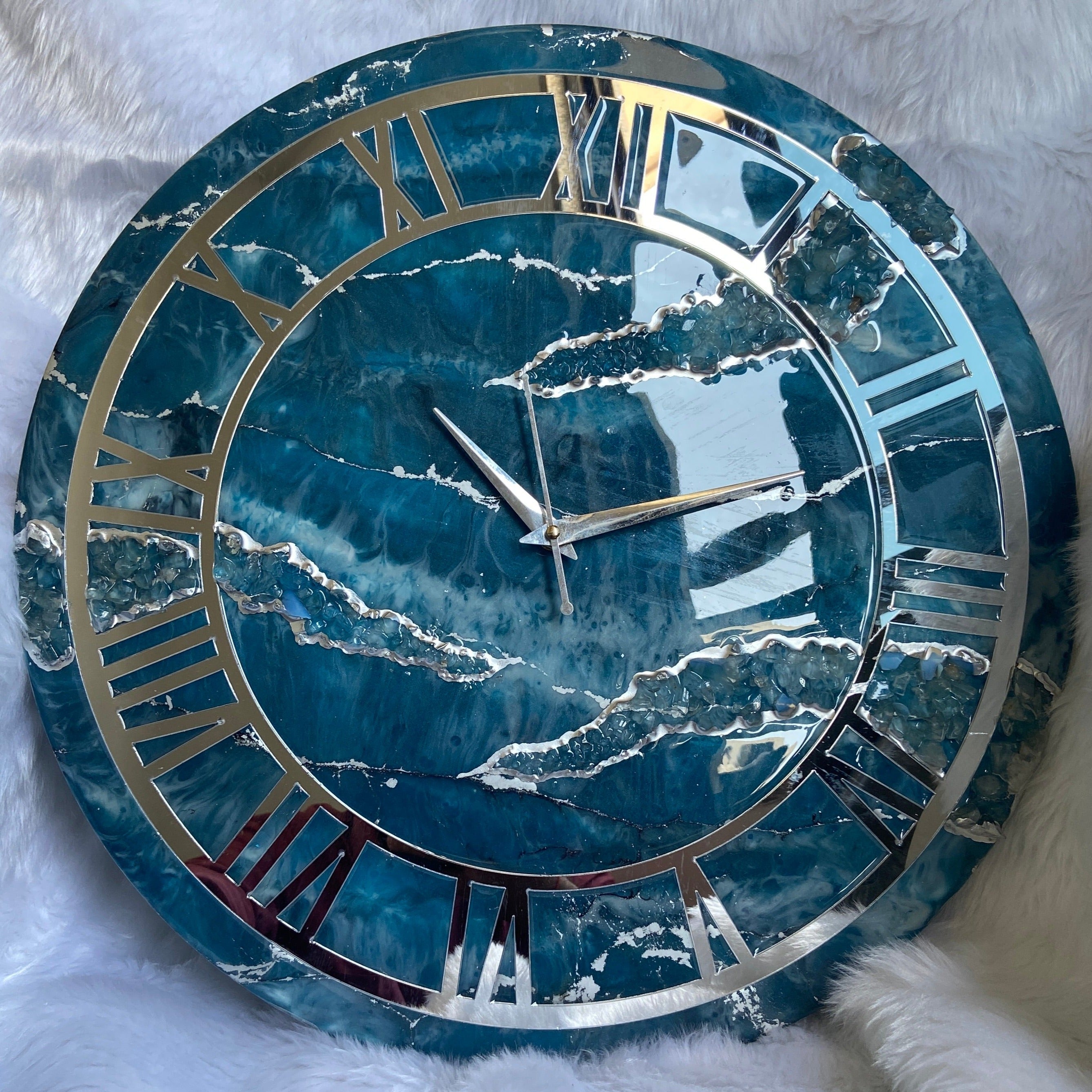 Teal Blue Geode Abstract Epoxy Resin Wall Clock For Home Decor-0