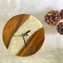 Load image into Gallery viewer, White and Wooden Abstract Epoxy Resin Table Clock-2