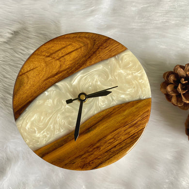 White and Wooden Abstract Epoxy Resin Table Clock-0