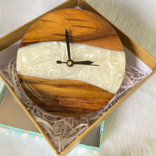 Load image into Gallery viewer, White and Wooden Abstract Epoxy Resin Table Clock-3