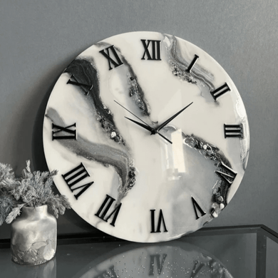 White and Grey Abstract Epoxy Resin Wall Clock For Home Decor-0