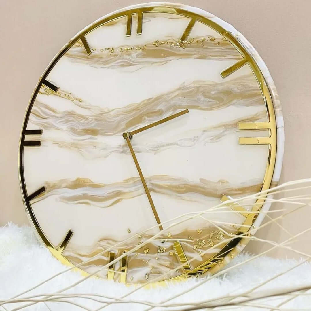 White and Golden Abstract Epoxy Resin Wall Clock For Home Decor-0