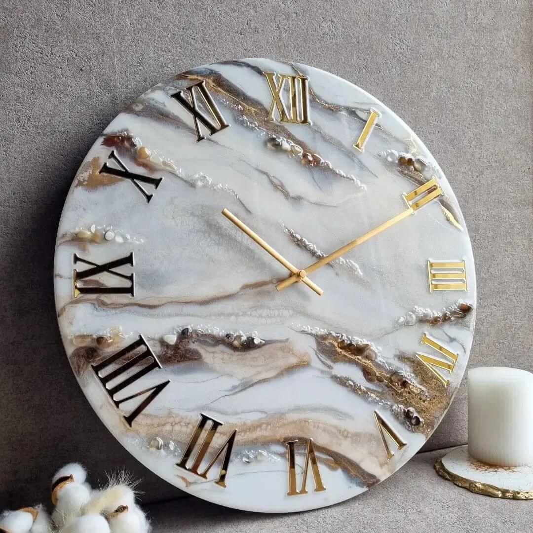 White and Golden Abstract Epoxy Resin Wall Clock For Home Decor-0