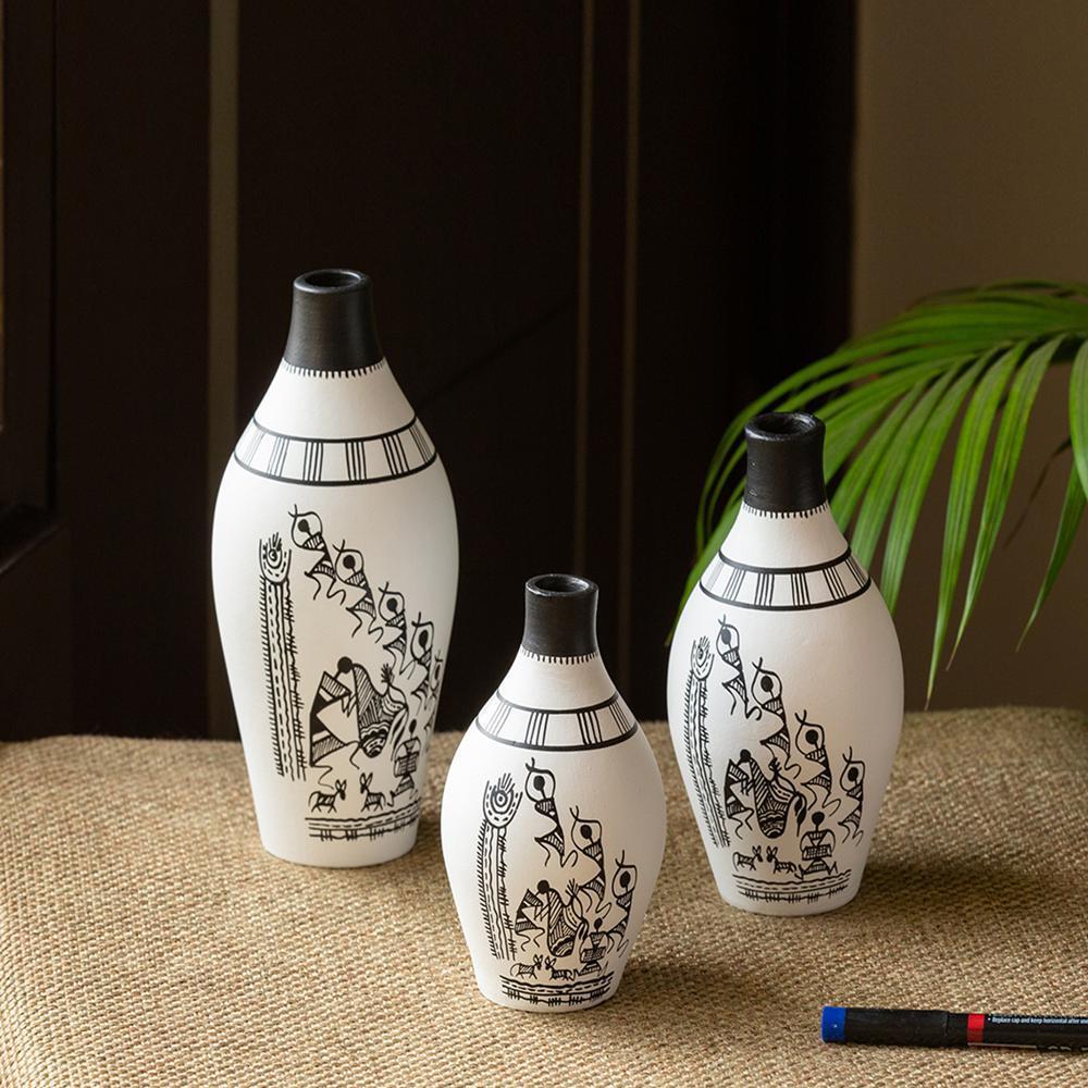 Terracotta White Warli Tales Vases (Set of 3)-0