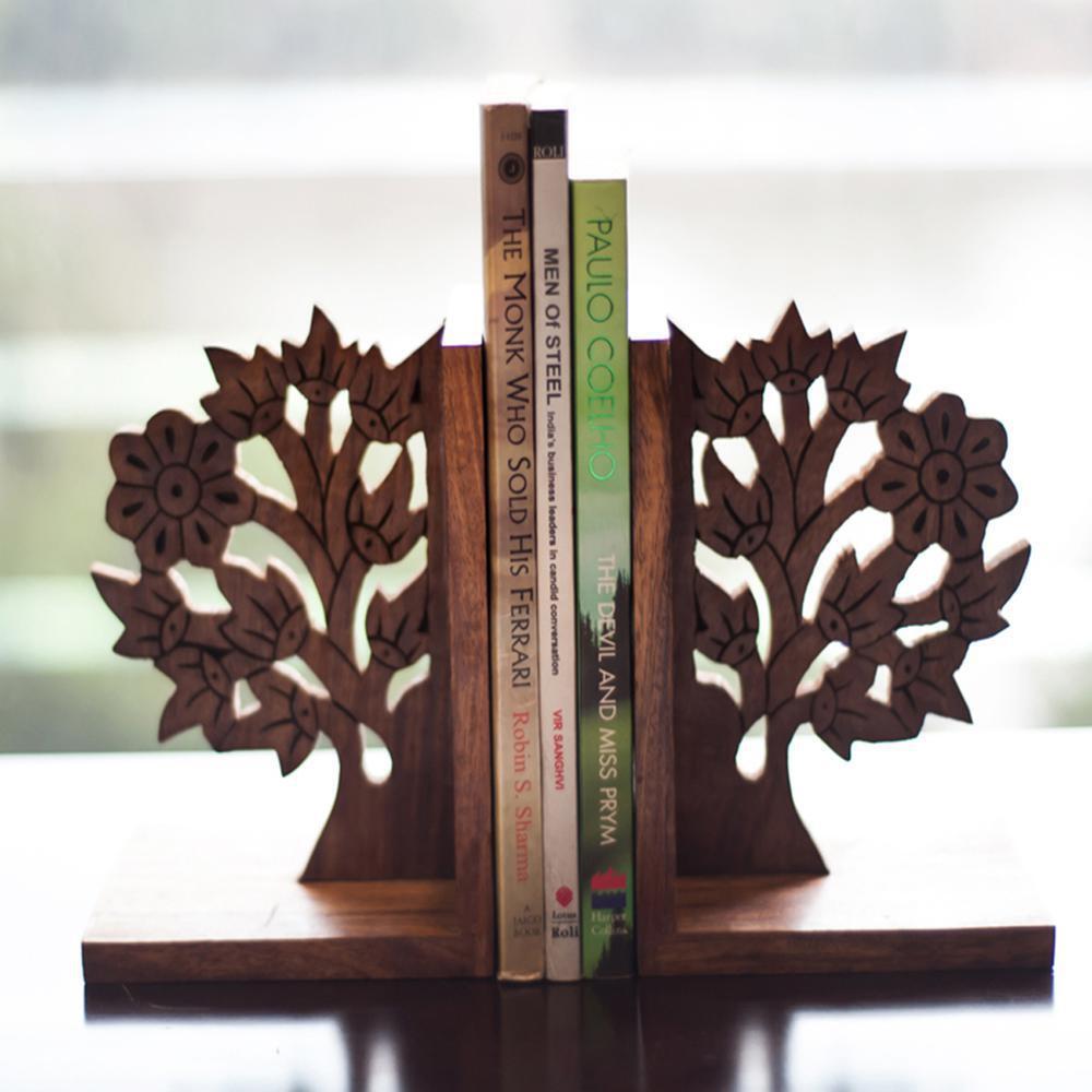 Hand Carved Solid Wood Tree Bookends-0