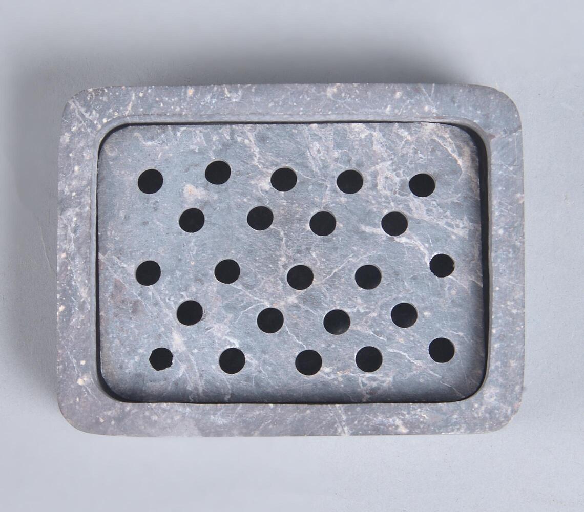 Rectangular Silver Soapstone Soap Dish with Drainage Holes-0